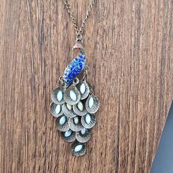 Peacock Pendant Necklace With Bronze Chain & Blue Rhinestones 24" - Picture 4 of 7